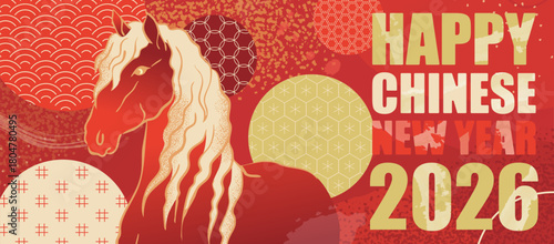 Chinese New Year 2026 Banner with Horse, Asian Geometric Patterns, Red and Gold Festive Lunar Illustration in Traditional Oriental Japanese Style