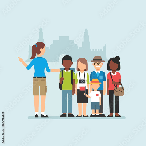 A guide gestures to a group of diverse people. They stand together near a cityscape.
