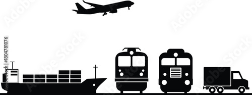 Transportation silhouettes, cargo ship, airplane, passenger train, freight train, delivery truck, logistics icons, black vector, global transport, export import