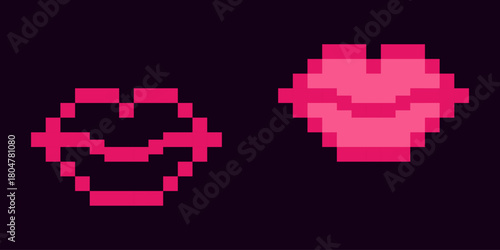 Outline and Filled Pixelated lips in trendy pink Sticker Icon Pictogram St Valentines Day Minimalist design element Set. Vector illustration Love Themed Cards Party invites Banner, leaflet, label, tag