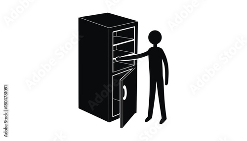 Illustration of stick figure opening cabinet storage furniture