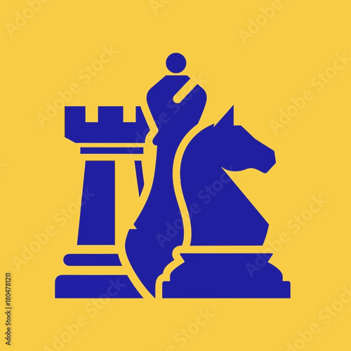Chess pieces rook bishop and knight in blue against a yellow background.