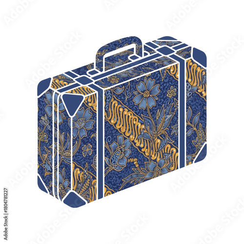 A patterned suitcase with a handle and corner reinforcements.