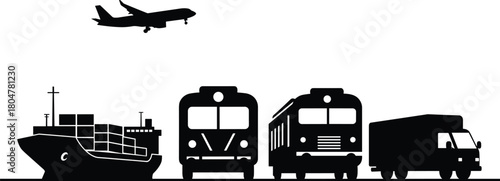 Transportation silhouettes, cargo ship, airplane, trains, delivery truck, logistics icons, freight vehicles, shipping,