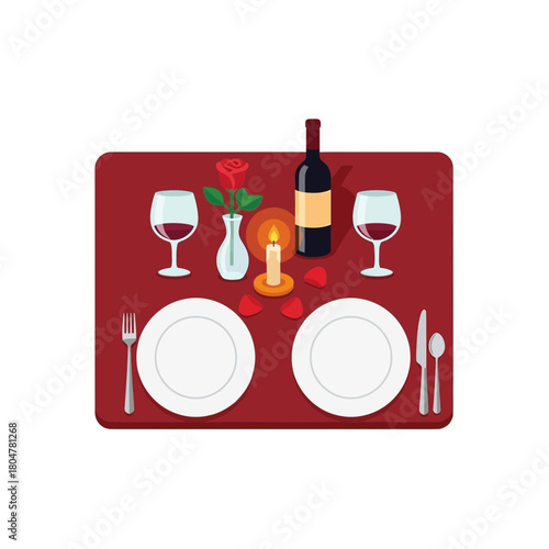 Table setting with plates wine glasses bottle candle and silverware arranged for dining.