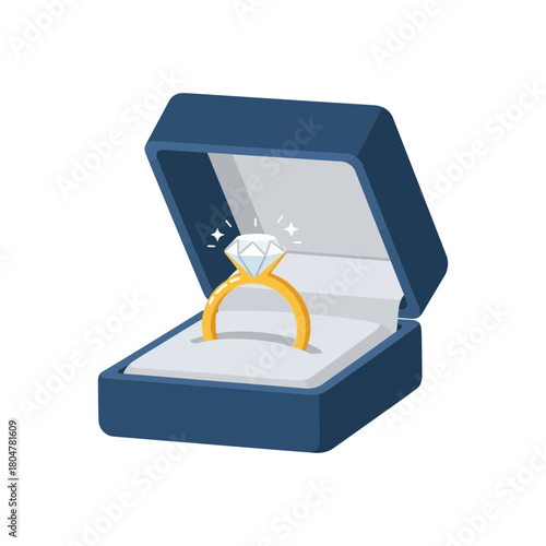 A diamond ring sits inside a blue open jewelry box.