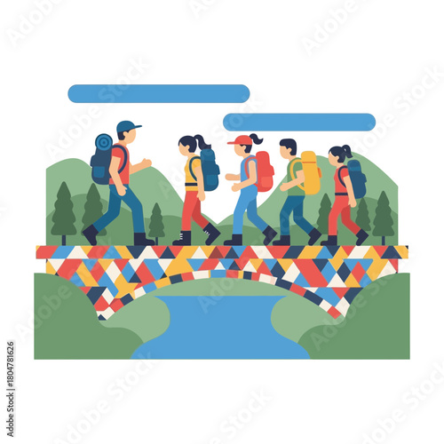 Group of people hiking across a bridge toward trees carrying backpacks.