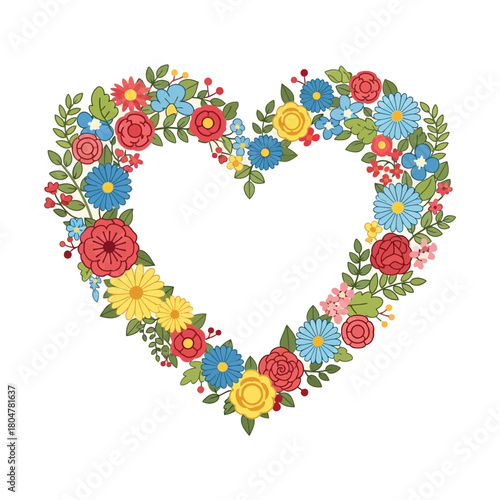 A floral heart shape composed of colorful flowers and green leaves.