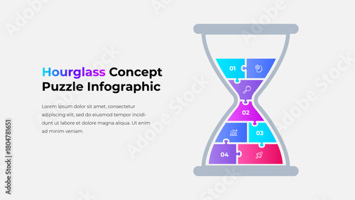Gradient Hourglass Puzzle Infographic Vector. Time Concept Diagram with Eight Colorful Connected Pieces for Business, Strategy, Process, and Data Visualization