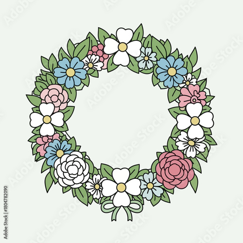 A circular floral wreath featuring various colorful flowers and green leaves arranged symmetrically.