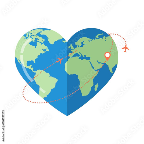 A heart-shaped globe with continents and flight paths representing travel and connection.