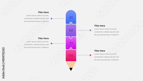 Pencil Puzzle Infographic Vector. Four Step Gradient Diagram for Creativity, Education, Learning, Process, Idea Generation, and Business Concepts
