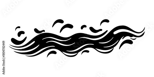 Black waves and splashes of water set. Swirls, curves and flow of liquid clip art. Silhouette of water flows, vector elements on a white background.