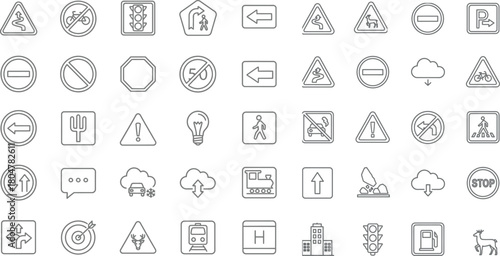 Traffic Signs and Warning Signs Outline Vector Icons