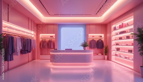 Pink themed store with clothes on racks. Illuminated shelves showcase goods. Modern design concept for chic retail boutique interior. Magenta lighting adds a glamourous touch to a sophisticated space.
