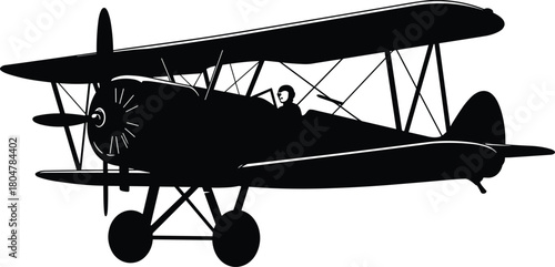 Vintage biplane silhouette, pilot in cockpit, classic aircraft, aviation history, WWI plane, open cockpit, propeller, retro flight, sky travel