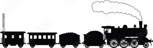 Vintage steam locomotive silhouette, historical train illustration, coal cargo transport, retro railway engine, classic transportation icon, industrial travel vector art