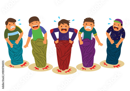 Five boys in colorful sacks participate in a lively and competitive sack race game outdoors.