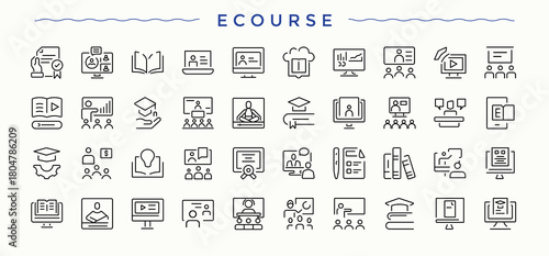 Ecourse modern icon set. Contains such symbols as learning, class, diploma, knowledge, university, tutorial and more. Graduation icon set. Pixel perfect. Vector illustration.