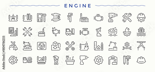 Engine line icon set. Contains such icons as part, repair, parts, car, element, auto and more. Automobile icon collection. Sign and Symbol. Pixel perfect. Vector illustration.