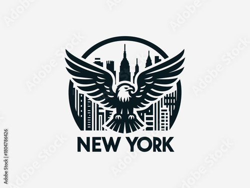 Powerful eagle soaring above detailed New York city skyline in clean bold black vector logo design