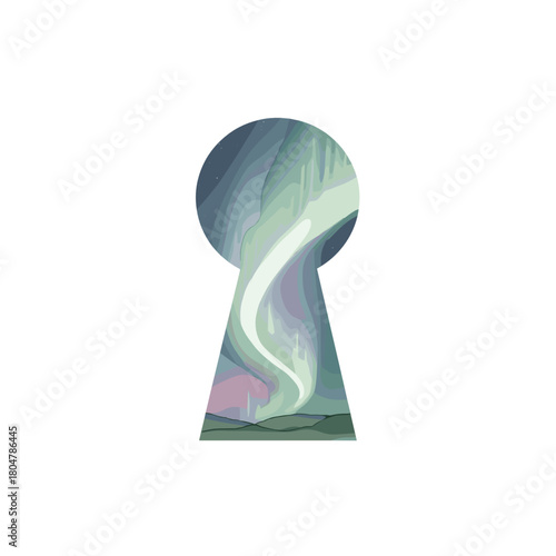 Keyhole revealing vibrant aurora in minimalist style  