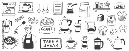 Hand-drawn coffee shop set with barista, coffee makers, beans, cups, desserts, menu, and accessories. Perfect for café branding, stickers, menus, and cozy illustrations.