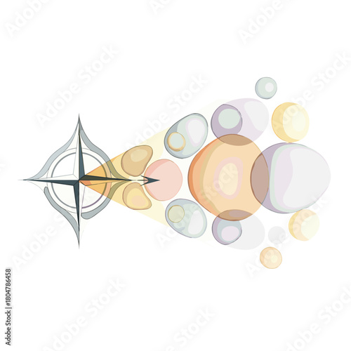 Compass pointing towards colorful bubbles representing Northern lights  