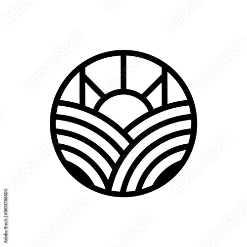 Circular farm landscape with sun rays illustration on transparent background