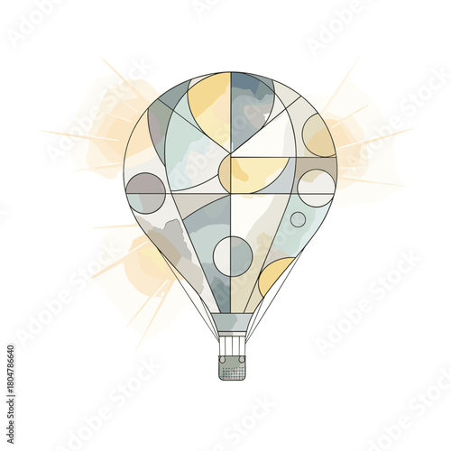 Colorful hot air balloon in abstract style with northern lights concept  