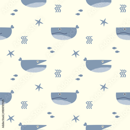 Whale laugh cartoon so cute. On seaweed fish starfish background. Pattern seamless vector illustration. 