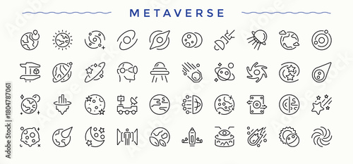 Meta Verse linear icon collection. Line icons with editable stroke. Contain linear symbols intelligence, ar, virtual reality, cyberspace, reality, digital. Vector illustration. Technology icon set.