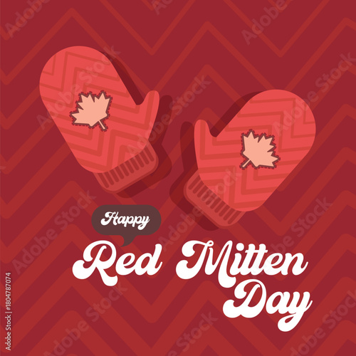 Celebrate national red mitten day with warm red mittens on red abstract background. Red mittens day 21 November Canadian holiday greeting card