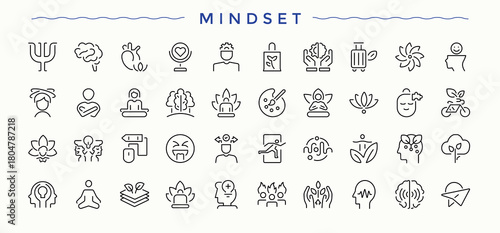 Mindset icon collection. Contain linear sign success, arrow, goal, strategy, achievement and more. Cyberspace icon set. Icons for application. Editable vector stroke.