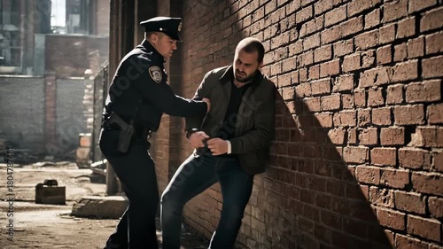 Police officer arresting a man on brick alleyway. Law enforcement suspect apprehension and criminal justice concept.