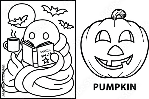 A charming halloween scene with a ghost reading and a smiling jack o lantern