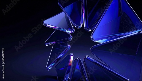 
Deep black background with glass circle of transparent triangle plates 3d render. Crystal glossy shapes with light refraction on abstract 3D