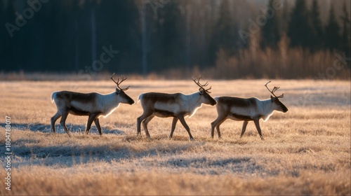 Mystical trio of reindeers prance through frost-kissed tundra, invoking Yuletide cheer and Sami winter storytelling traditions