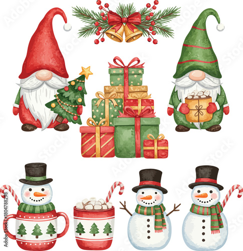 Watercolor christmas festive characters elements