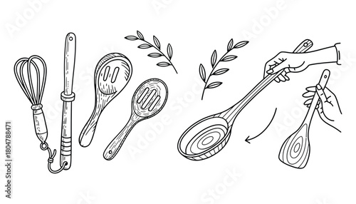 Kitchen utensils sketch vector illustration cooking tools