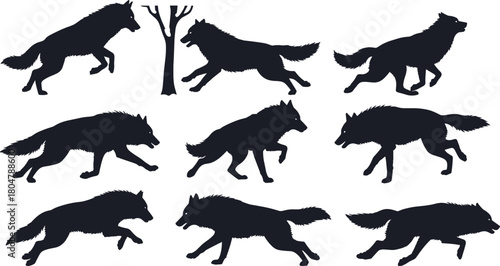 Wolf silhouette in motion, black vector illustration, running wolves, animal movement study, forest predator, nature art, dynamic pose, wild scene
