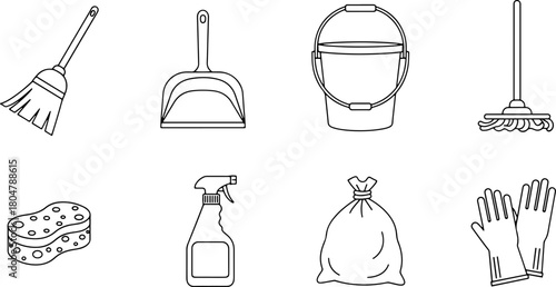 Cleaning Tools Line Art for Home Care and Hygiene Promotion, Featuring Broom, Dustpan, Bucket, Mop, Sponge, Spray Bottle, Trash Bag, and Gloves