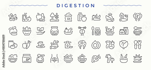 Digestion icon set. Digestive modern icon set. Outline symbol collection. Featuring gastric, organ, intestine, body, health and more. Editable stroke. Vector collection.