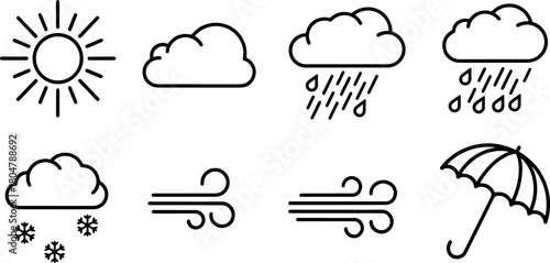 Weather forecast icon set featuring sunny, cloudy, rainy, snowy, wind, and umbrella elements for weather apps and presentations, originally a vector graphic