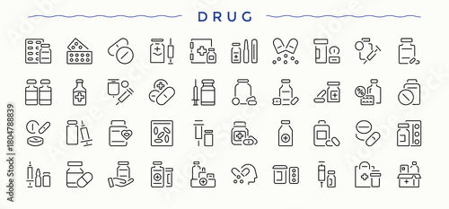 Drug modern icon set. Vector icons collection. Pill simple icon set. Featuring dose, antibiotic, medication, health, pill, pharmaceutical and more.