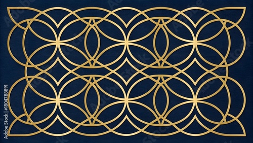 Intricate golden geometric pattern with repeating oval and circular shapes on a dark blue textured background