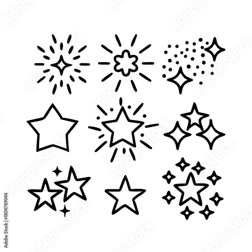 Stars flat line icons set. Starry night, falling star, firework, twinkle, glow, glitter burst vector illustrations. Outline signs for glossy material property. Pixel perfect 64x64. Editable Strokes .