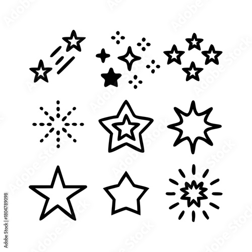 Stars flat line icons set. Starry night, falling star, firework, twinkle, glow, glitter burst vector illustrations. Outline signs for glossy material property. Pixel perfect 64x64. Editable Strokes .