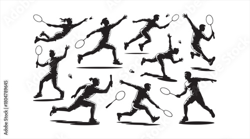 Collection of tennis action icons featuring running, jumping, and swinging motions