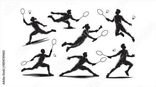 Monochrome vector set of tennis players in various athletic poses and strokes